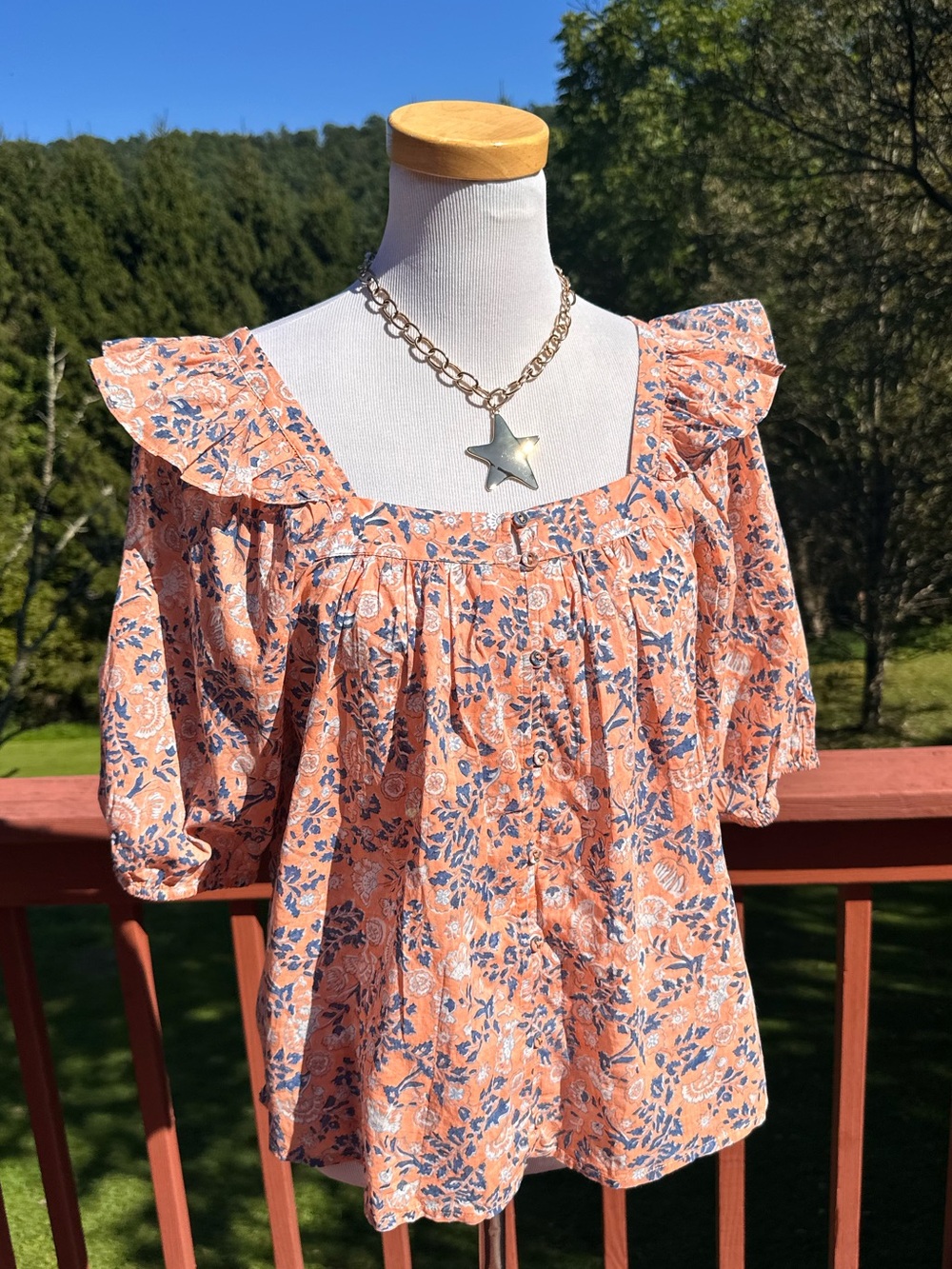 Cleobella Mariana Peach Floral Ruffle Puff-Sleeve Blouse